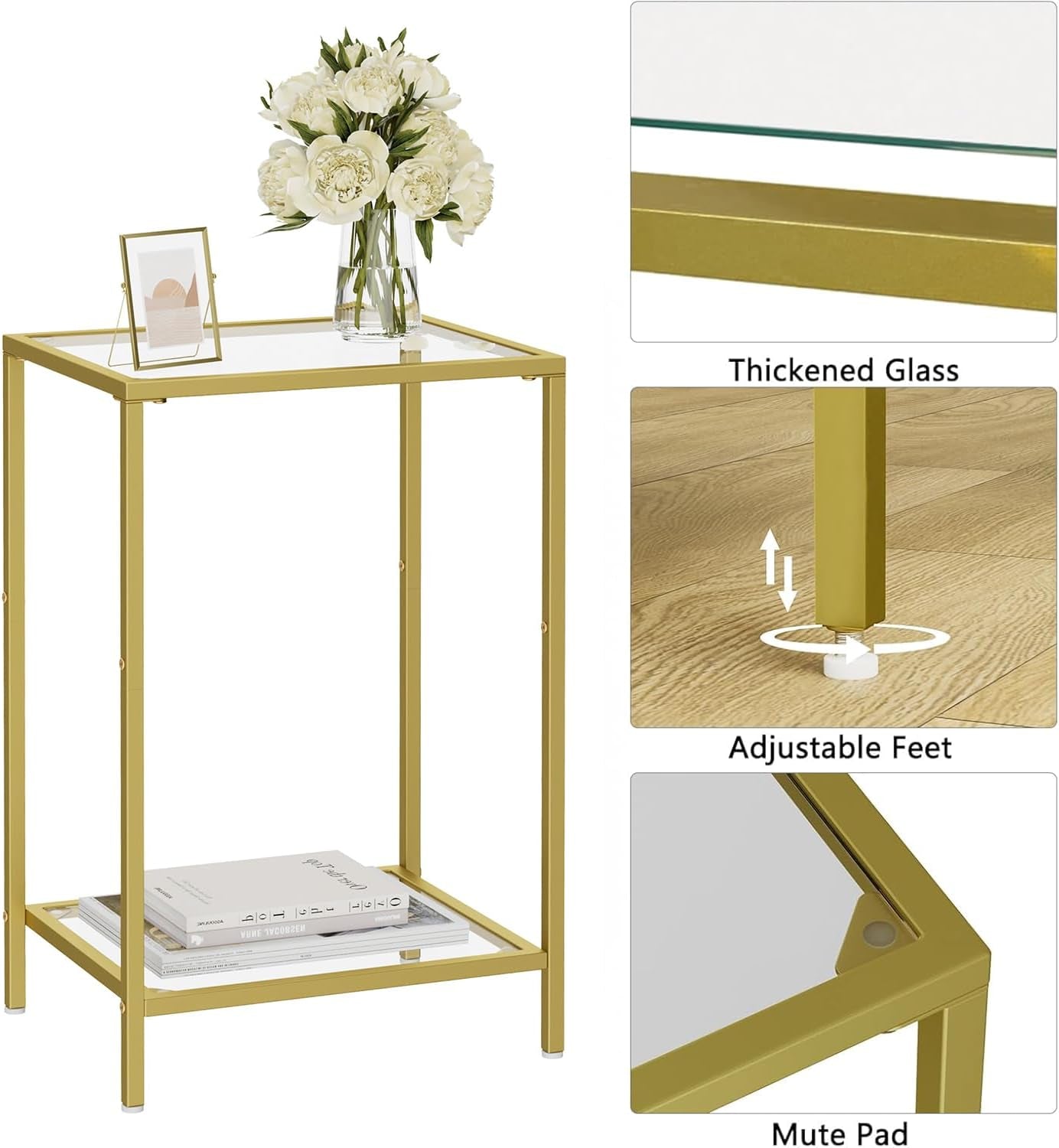 Straight-on view of the gold-framed side table with inset close-ups of glass edge, adjustable foot and corner pad
