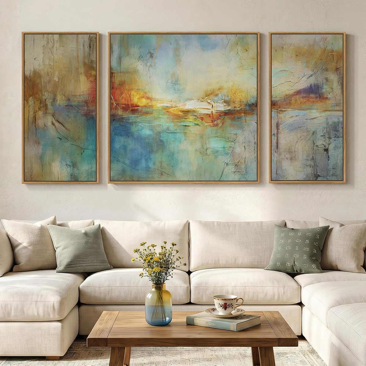 Three wood-framed blue, teal and gold abstract landscape panels over a light cream sofa and wooden coffee table.