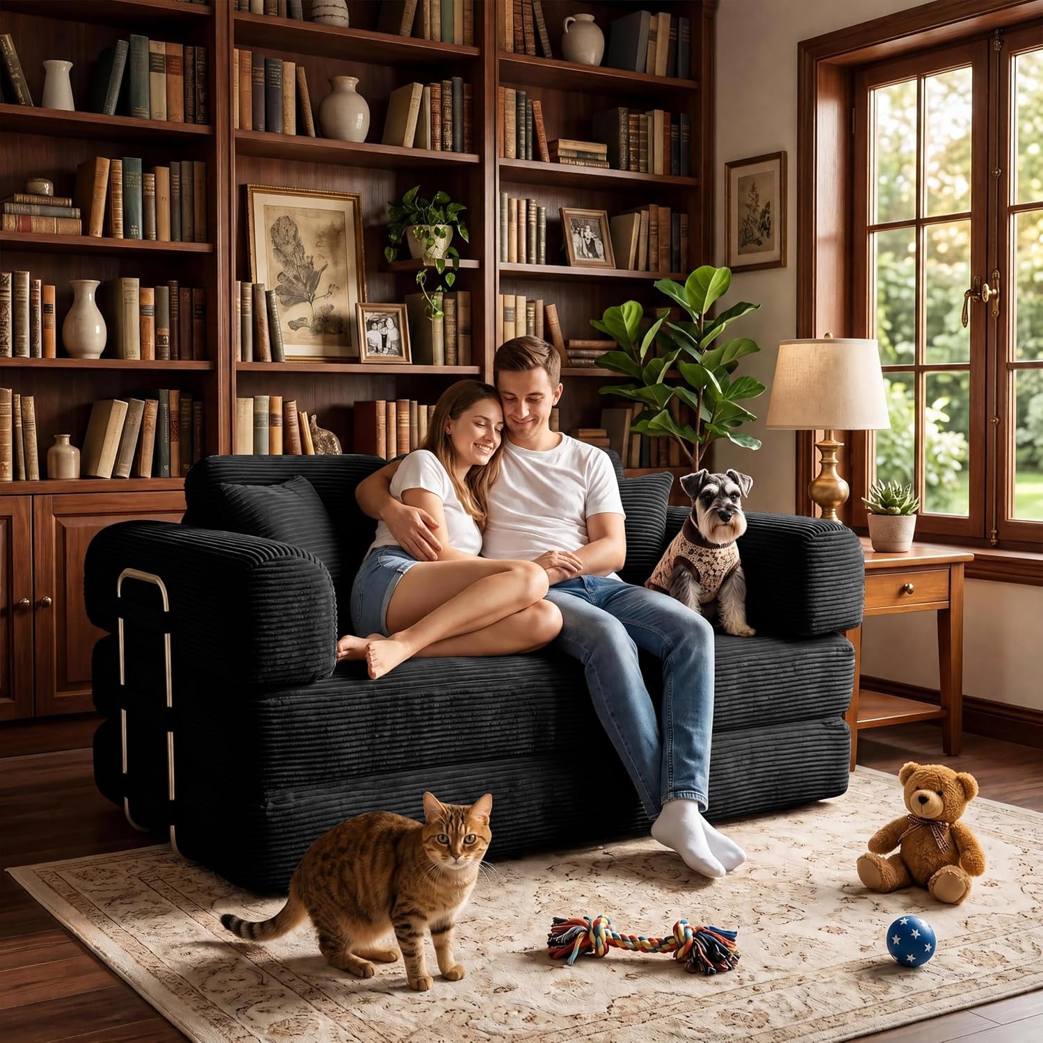 Couple cuddling on a black loveseat in a booklined living room with a dog on the arm and a cat on the rug.