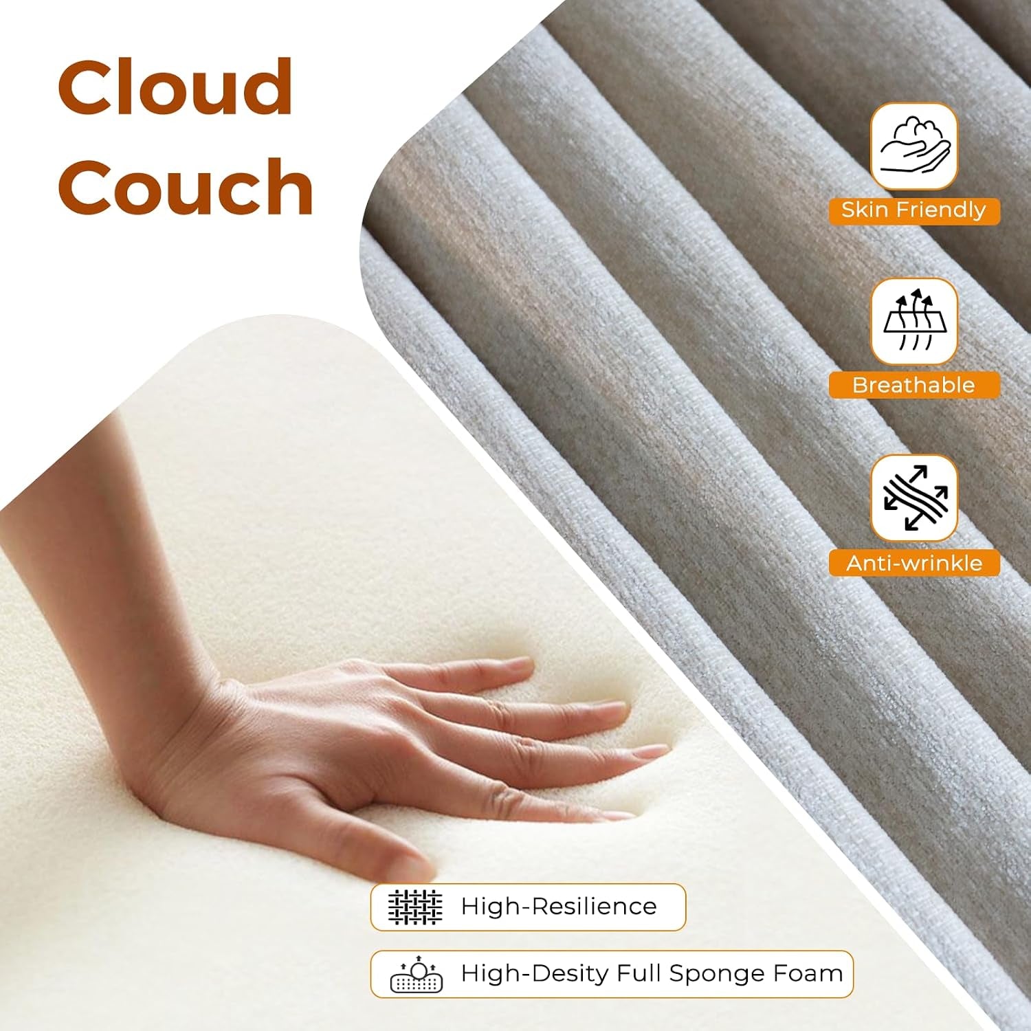 Close-up of chenille fabric texture and hand pressing high-resilience foam cushion