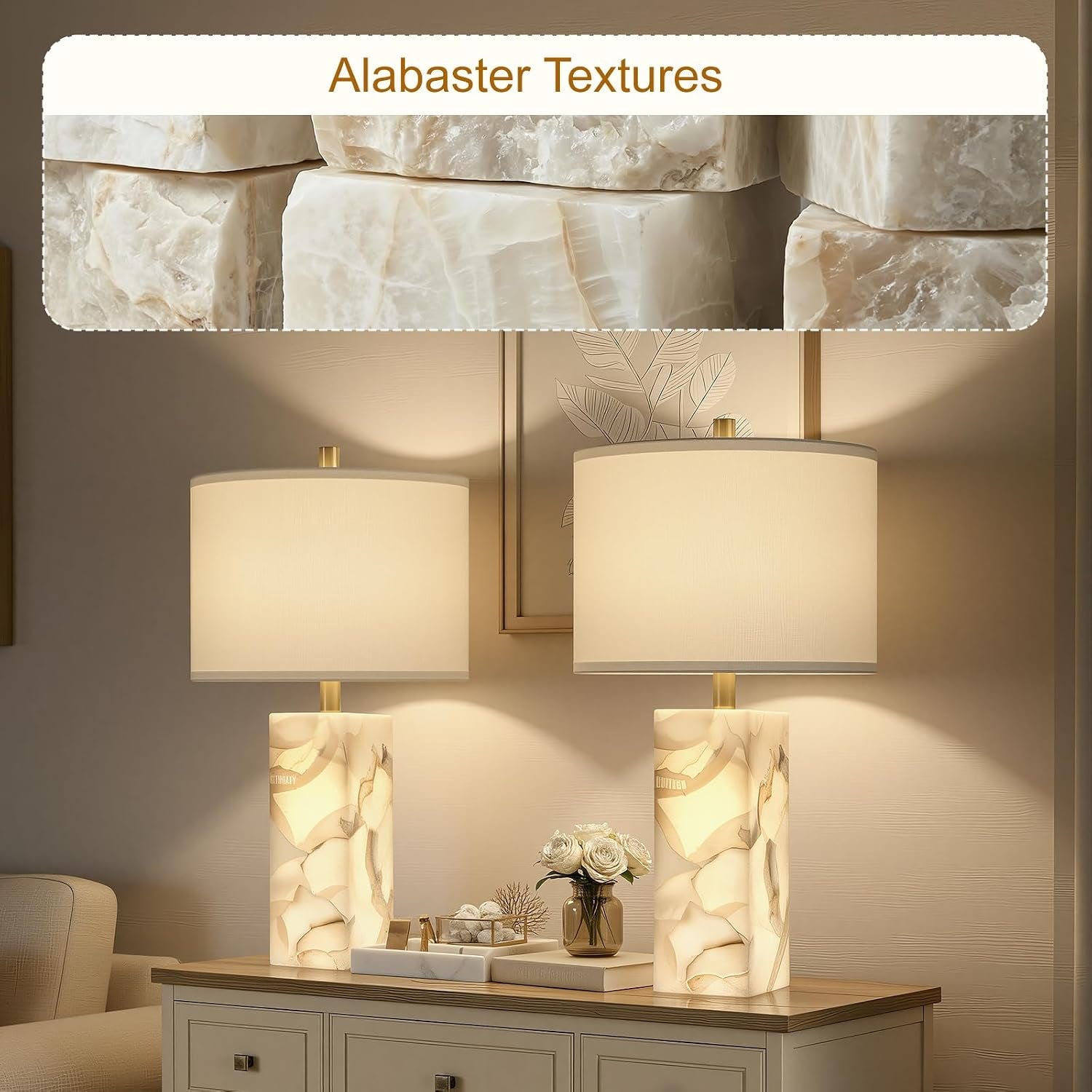 Two backlit alabaster column lamps with white linen shades on a console with a close-up view of alabaster textures above