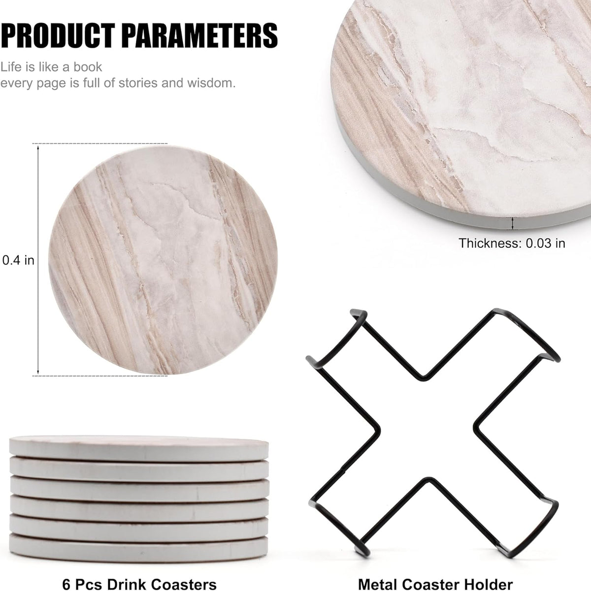 Four stacked 4-inch marble-pattern coasters beside a black metal X-shaped coaster holder and top view of a single coaster