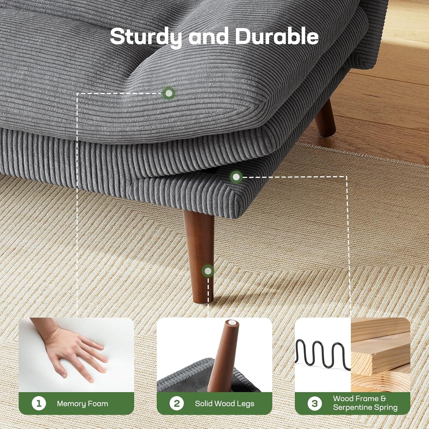 Close-up of grey futon corner showing memory foam cushion, wood leg and frame details