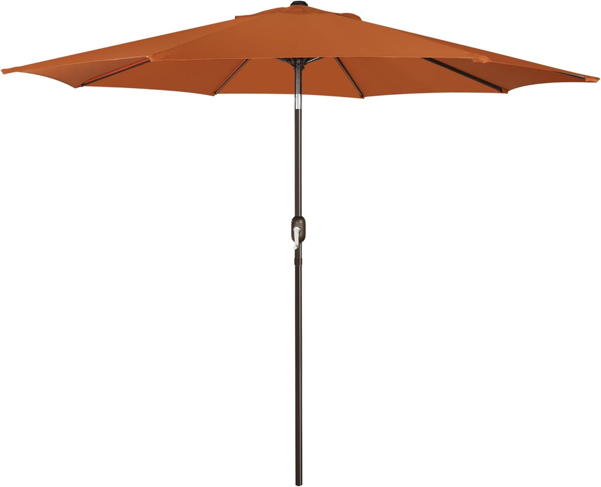 Orange patio umbrella open, centered pole and visible crank