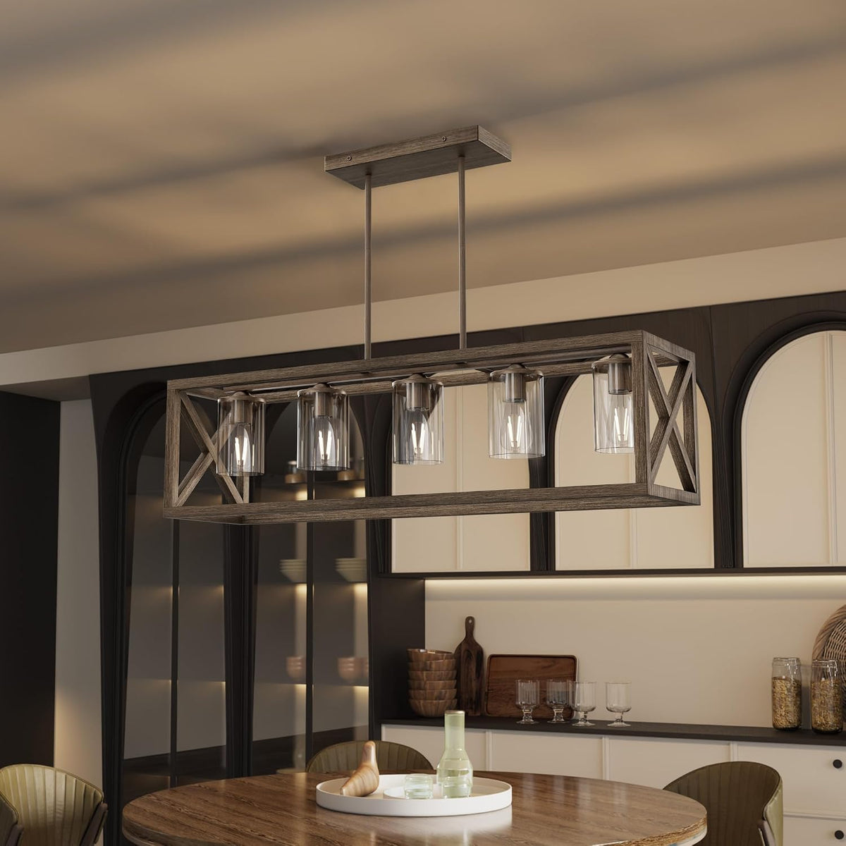 Close view of a weathered wood–look rectangular chandelier with five clear glass cylinder shades.