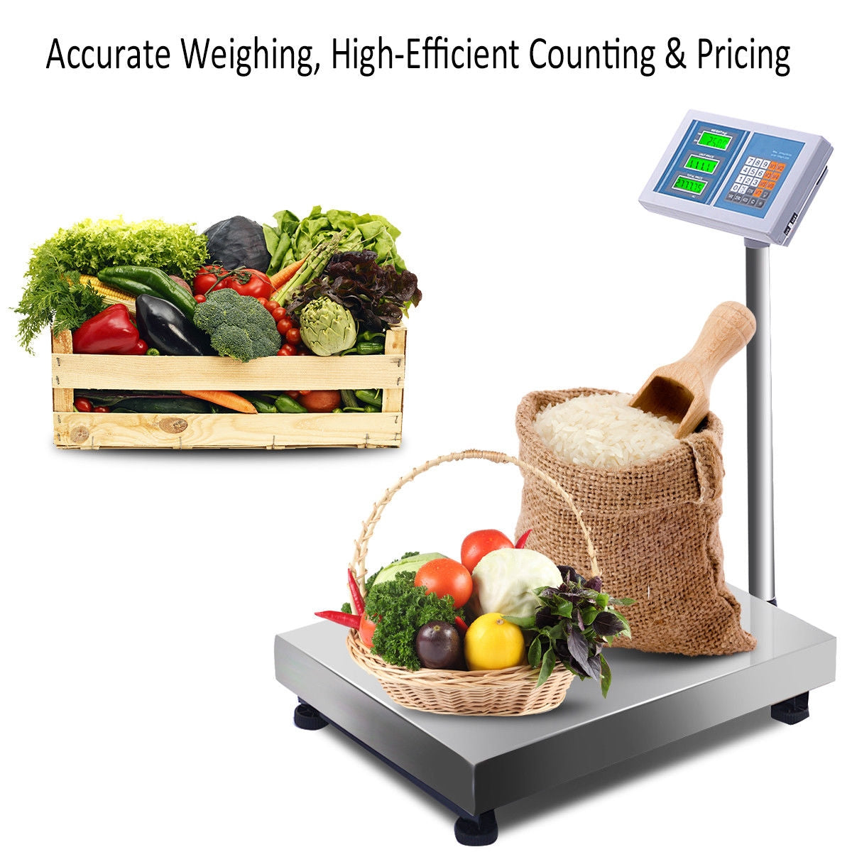 Platform scale shown with a basket of produce and a sack of rice.