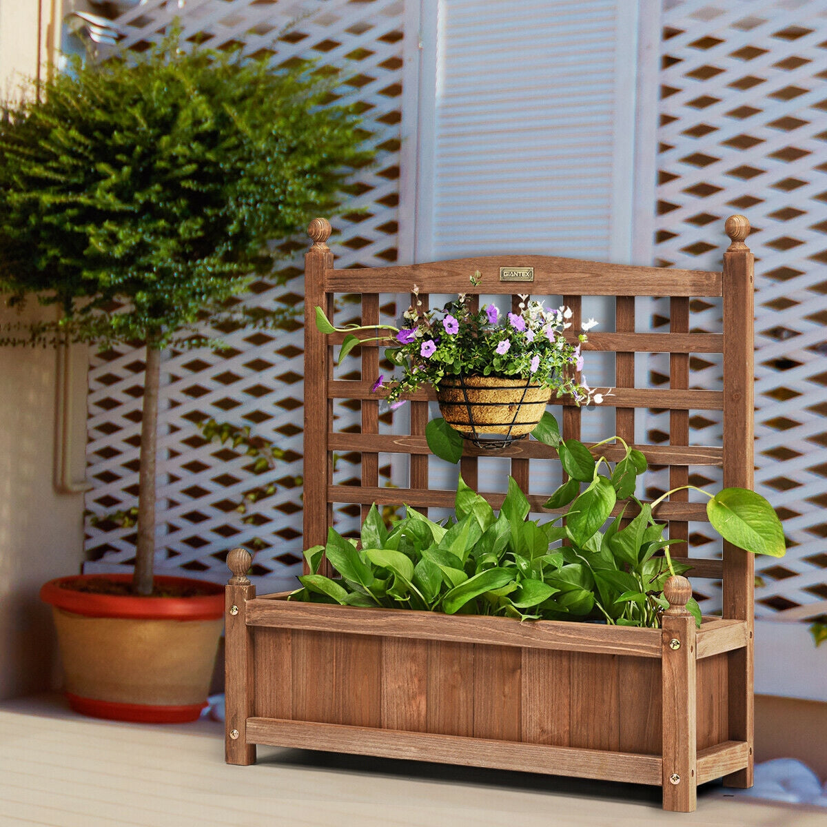 Wood Planter Box with Trellis Weather, Resistant Outdoor