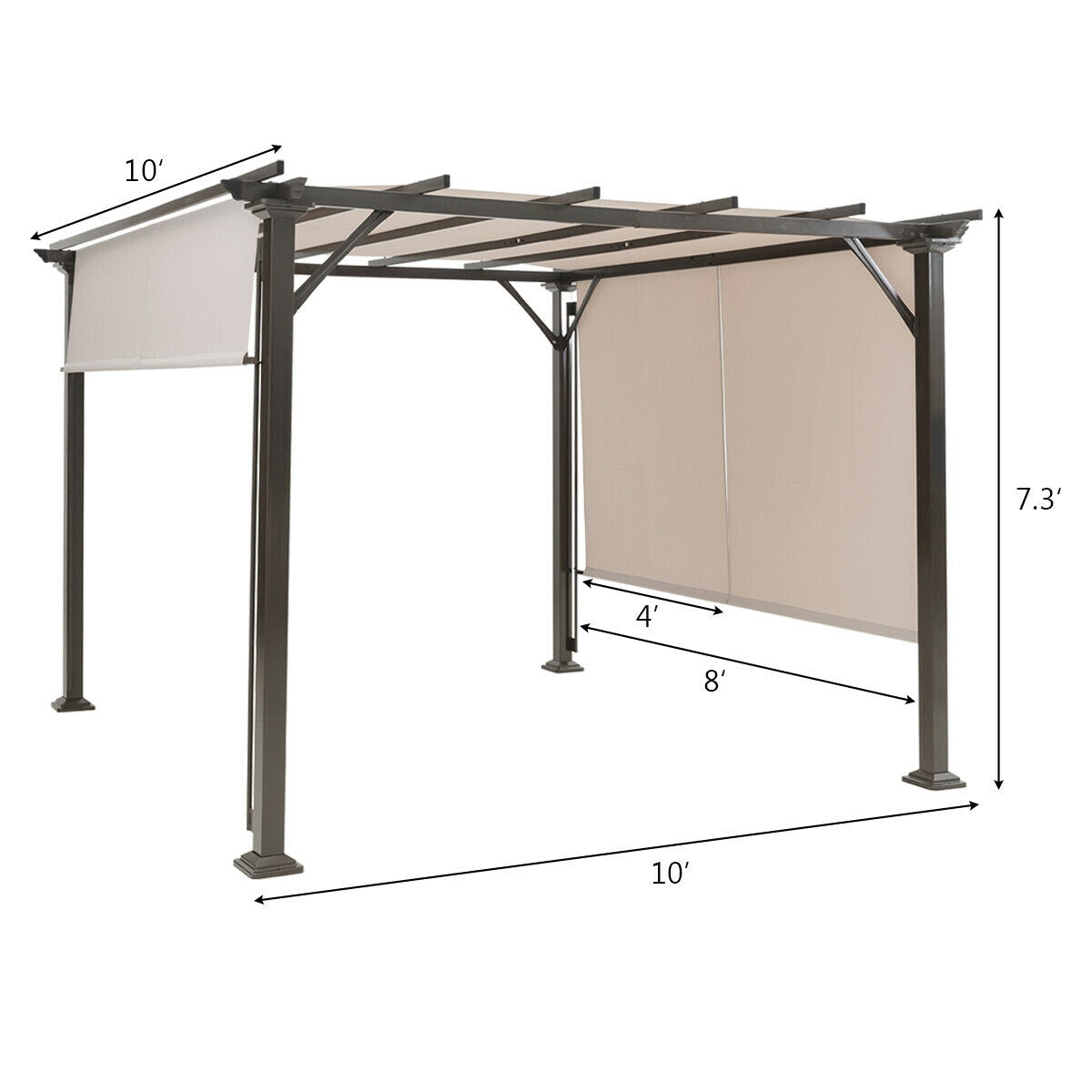 Patio shelter shown with measurement arrows around its frame and beige side screens.