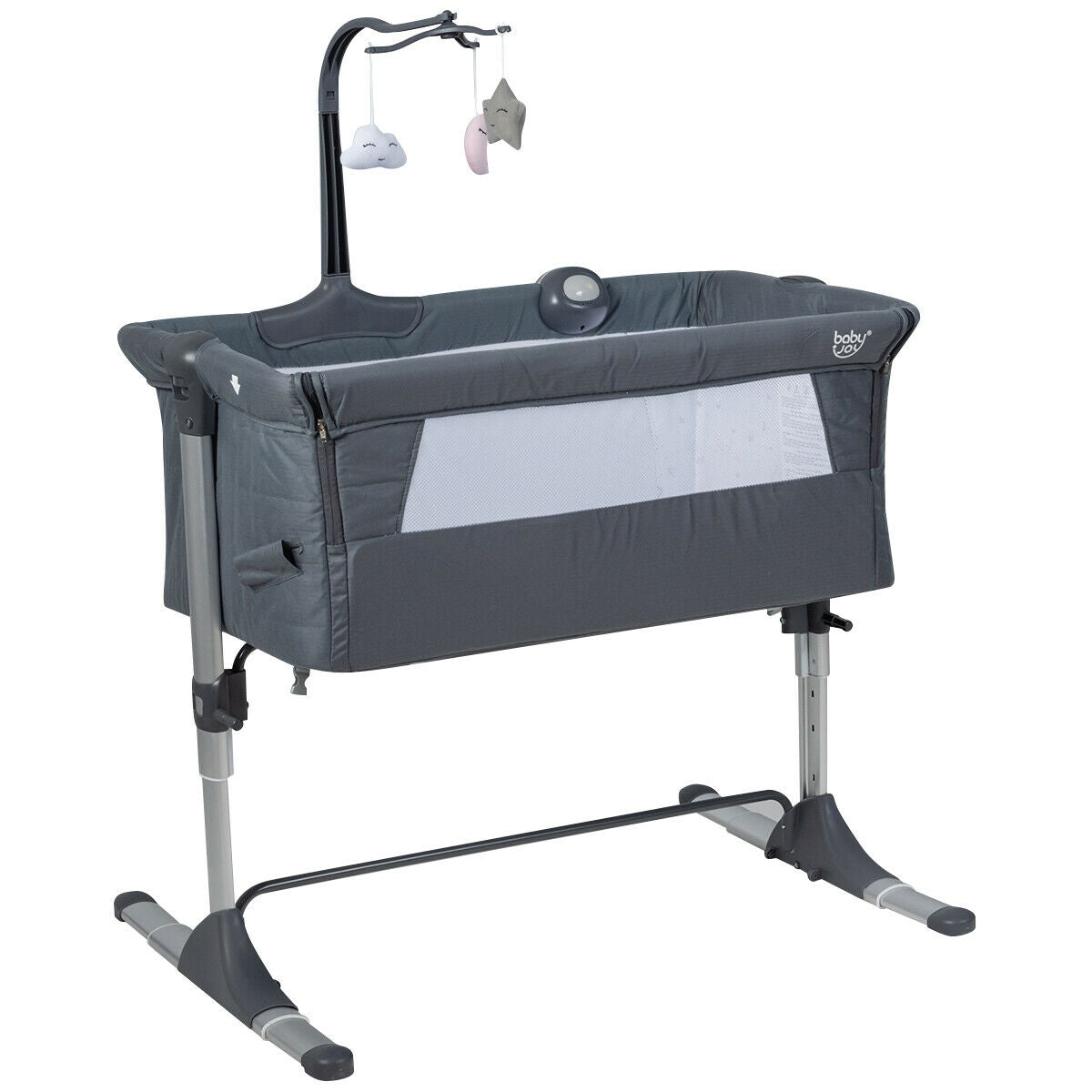 Height Adjustable Baby Side Crib with Music Box & Toys, Dark Gray