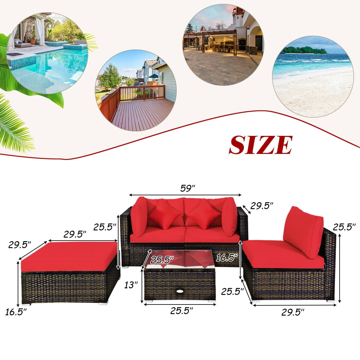 5 Pcs Outdoor Patio Rattan Furniture Set Sectional Conversation with Navy Cushions, Red