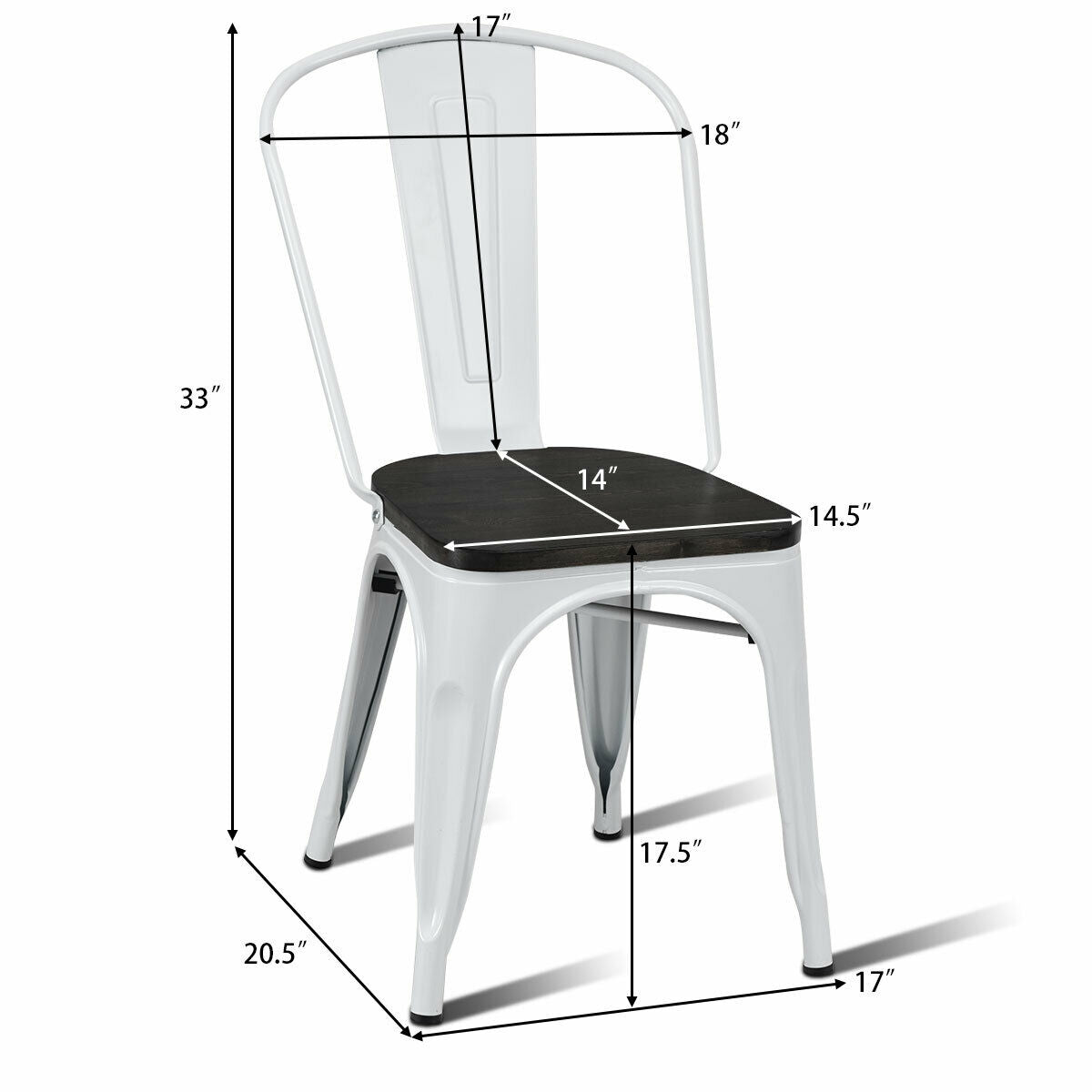 A white metal chair with a dark seat shown with measurement arrows around its height, width and depth.