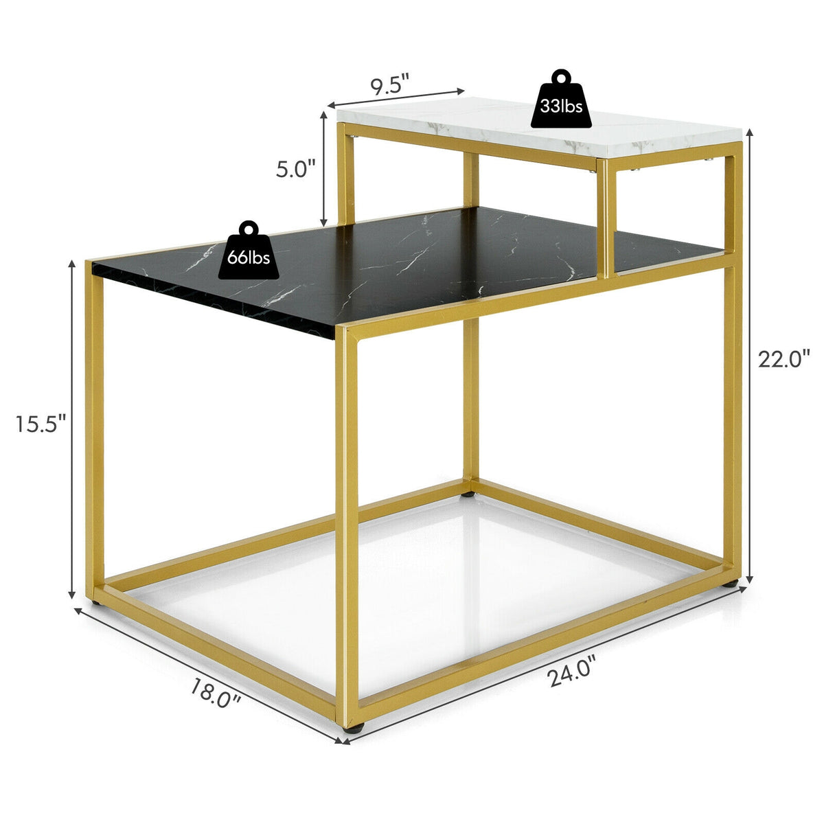 2 Tier End Side Table with Metal Frame and Storage Shelf for Living Room, White