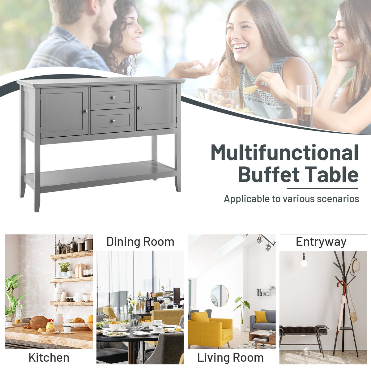 Wooden Sideboard Buffet Console Table with Drawers and Storage, Gray