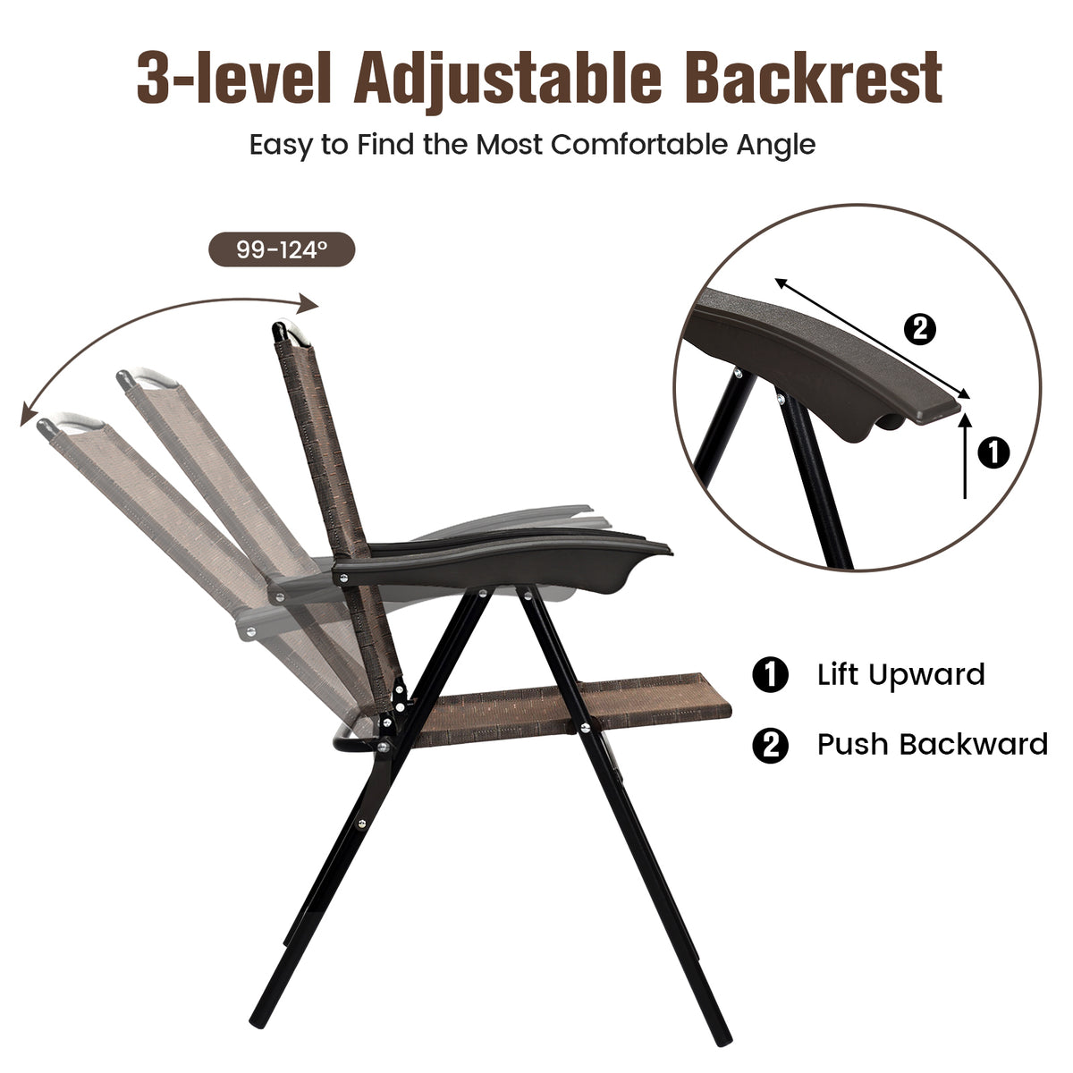 Side view of a folding chair illustrating its reclining backrest positions and armrest adjustment.