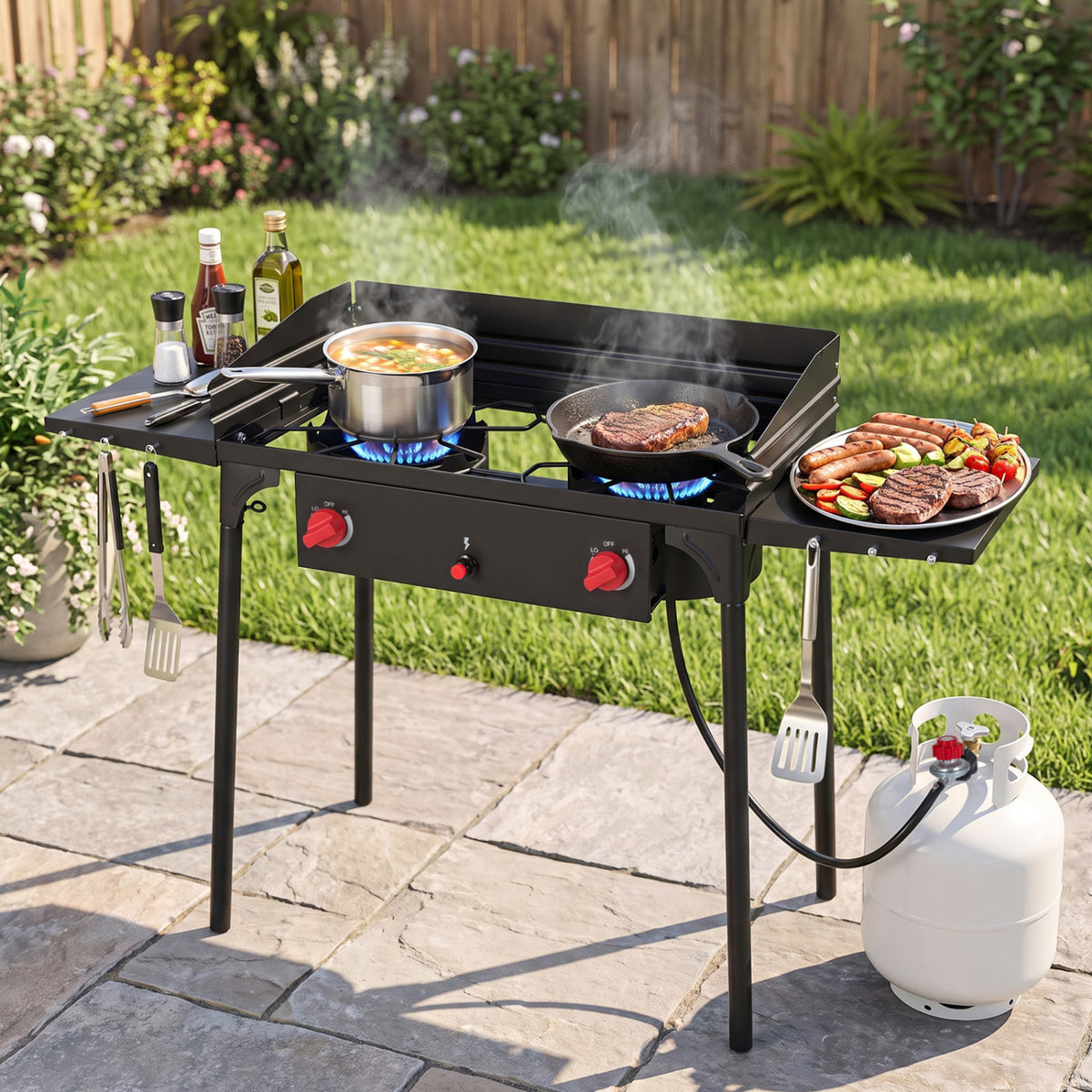 Black two-burner stove cooking a pot and grilled food outdoors, connected to a propane tank.