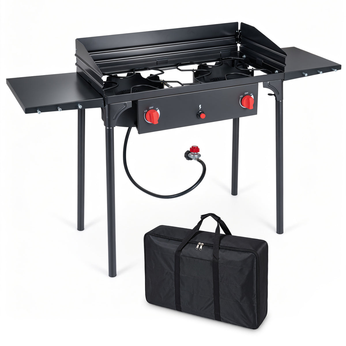 Black portable stove with raised windscreen, side shelves, hose, and a carrying bag on a white background.