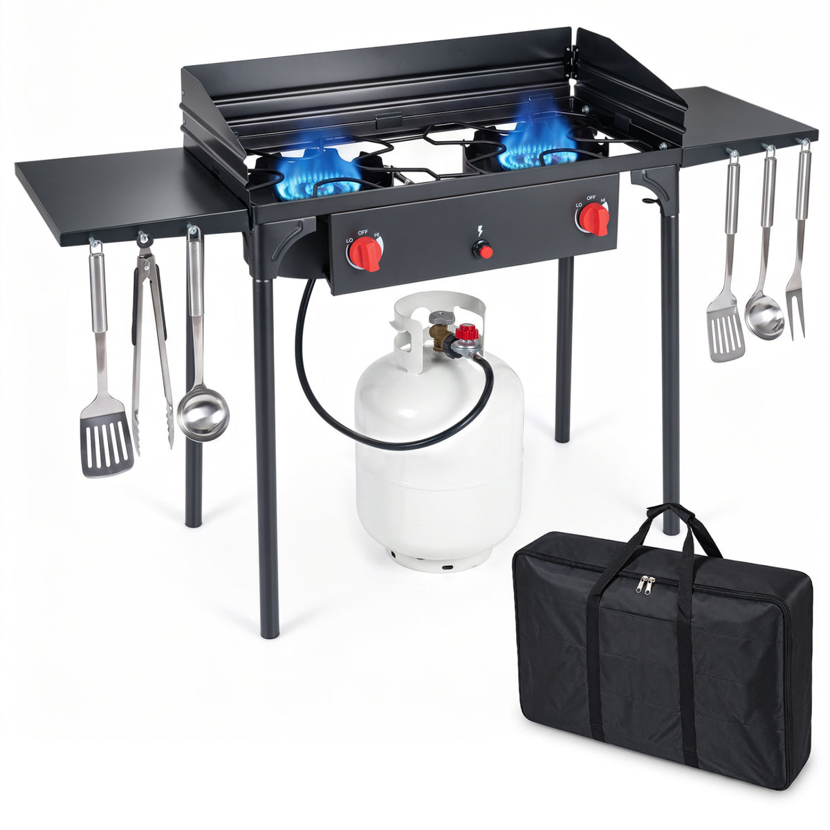 Black stove with both burners lit, hanging utensils, a propane tank, and a carrying bag.