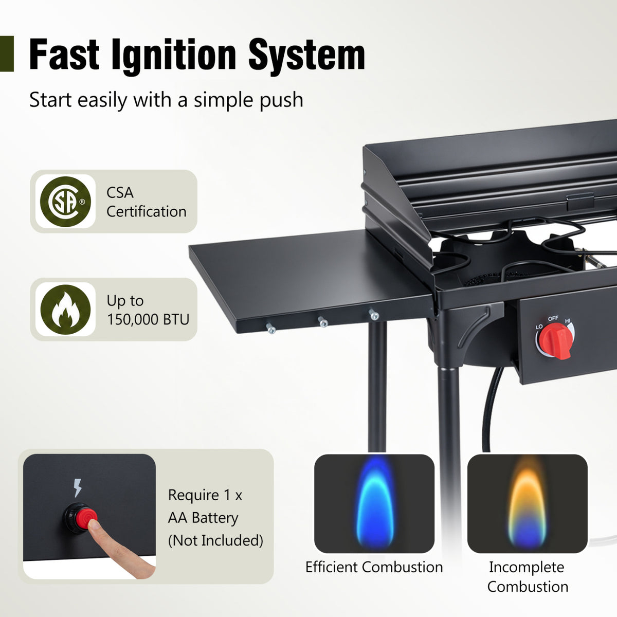 Close-up of the black outdoor cooker’s side shelf, burner controls, and blue and orange flame illustrations.