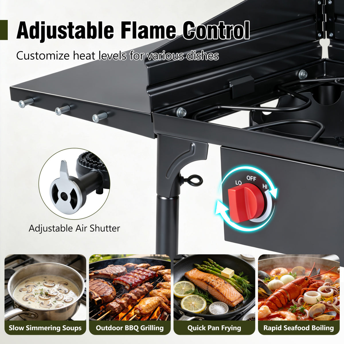 Close-up of the cooker’s red flame control knob, side shelf, and burner assembly, with food photos along the bottom.