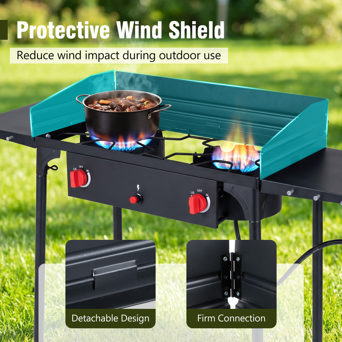 Black two-burner cooker with a pot over blue flames and turquoise wind shields around the burners.