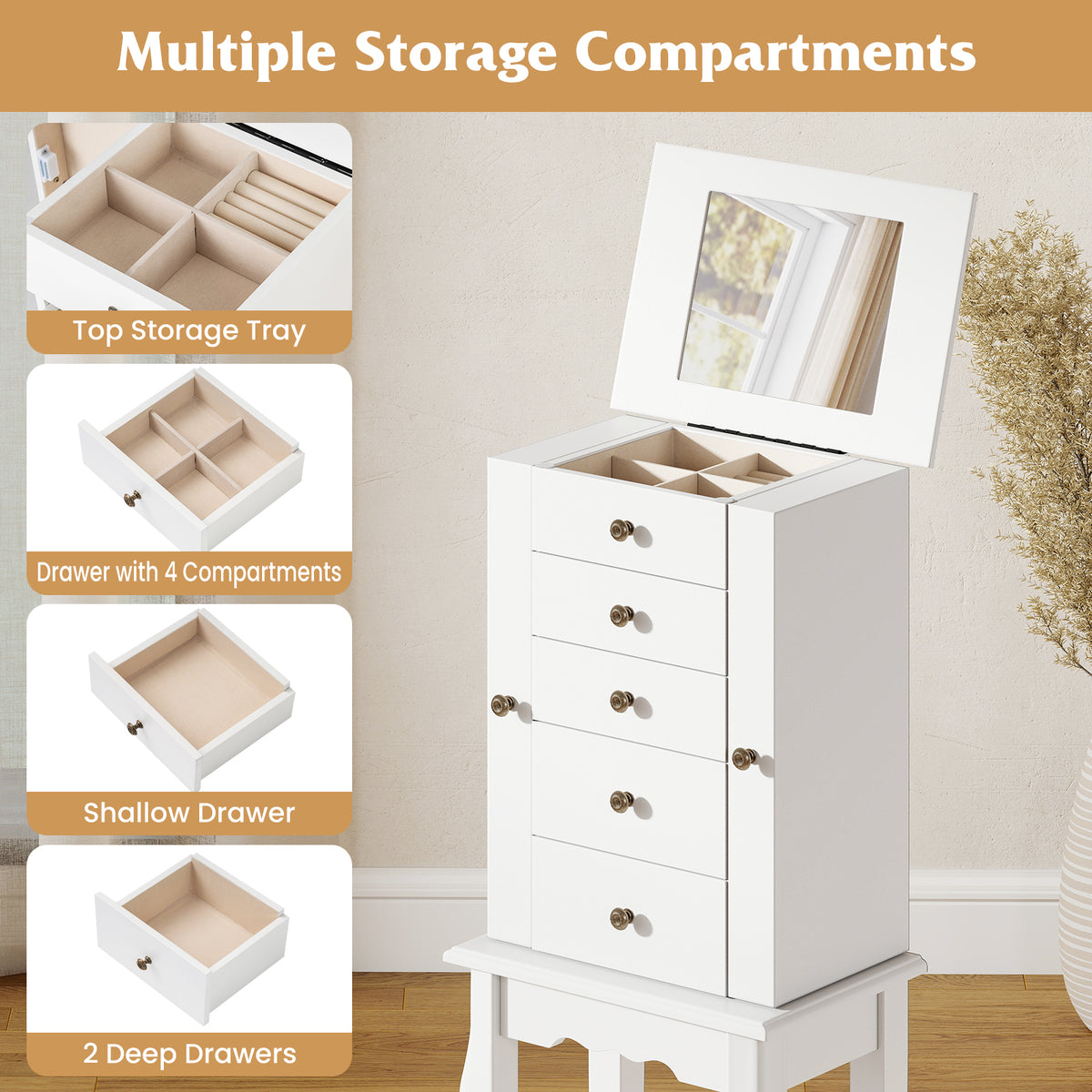 2 Colors Armoire Storage Standing Jewelry Cabinet with Mirror