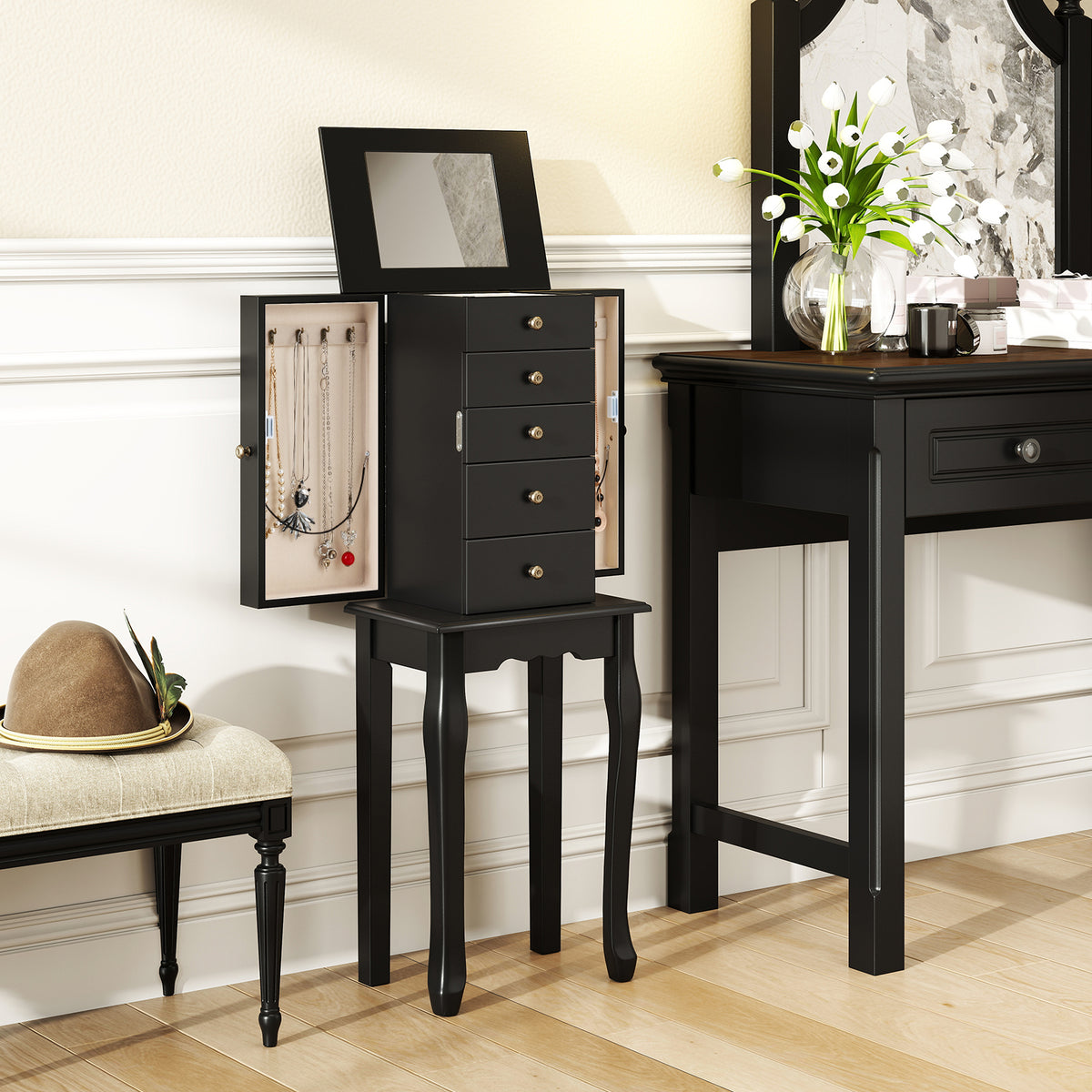 2 Colors Armoire Storage Standing Jewelry Cabinet with Mirror