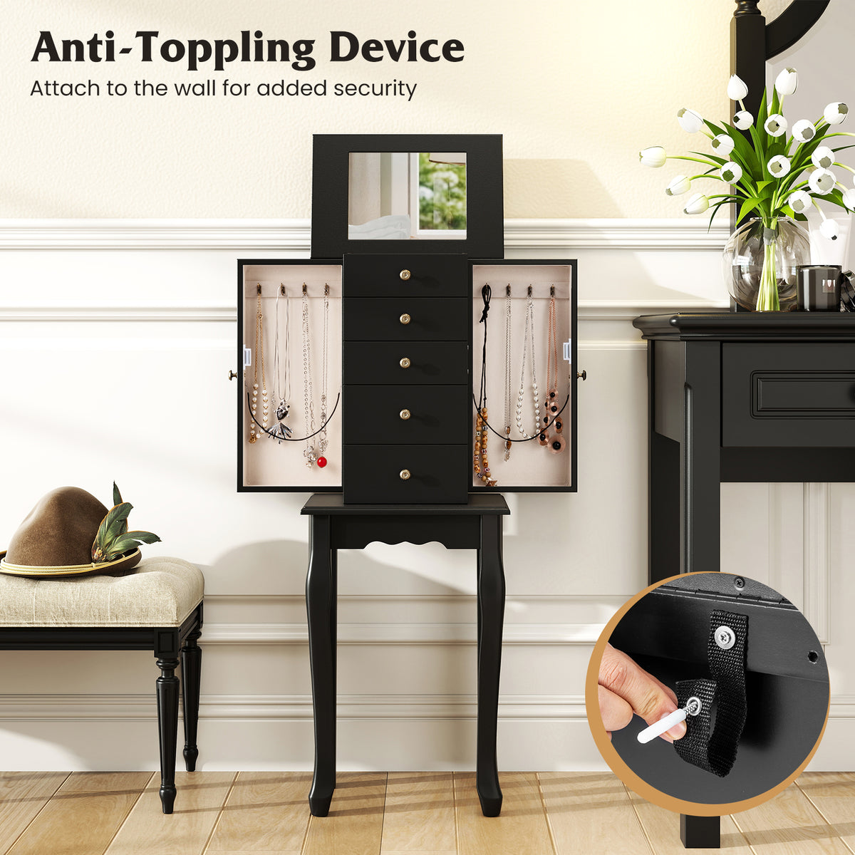 2 Colors Armoire Storage Standing Jewelry Cabinet with Mirror