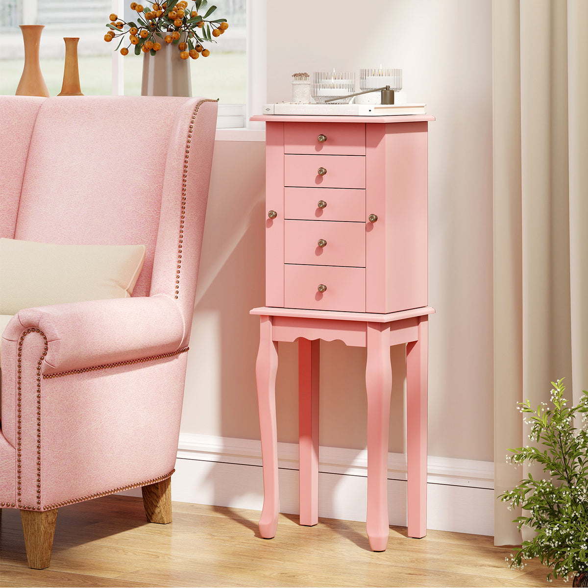 Standing Jewelry Armoire with Mirror and 5 Drawers