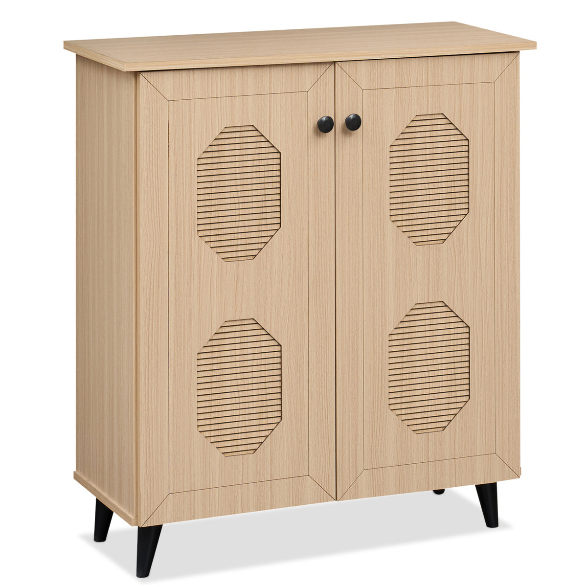 Three-quarter view of the cabinet against a white background, showing its carved doors and tapered legs.