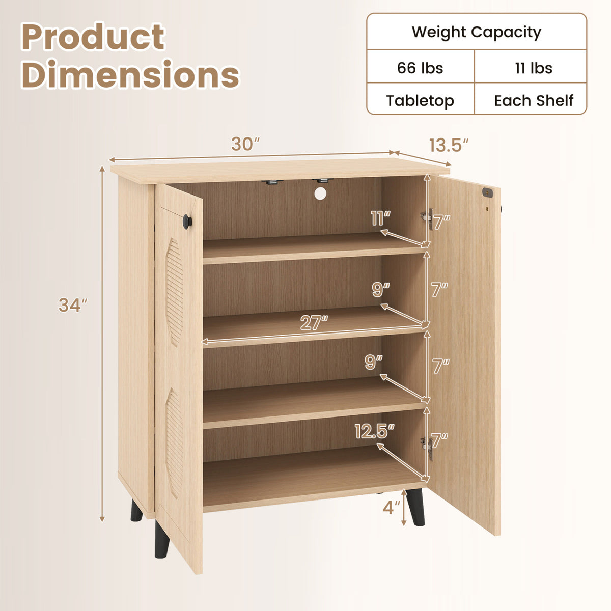 Open light wood cabinet showing its shelves, doors, and feet with measurement arrows around it.