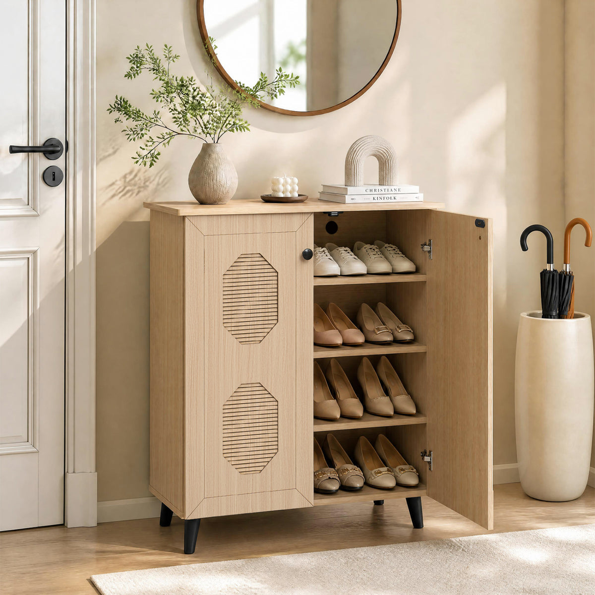 Light wood cabinet with one carved door open, displaying several shoe-filled shelves in an entryway.