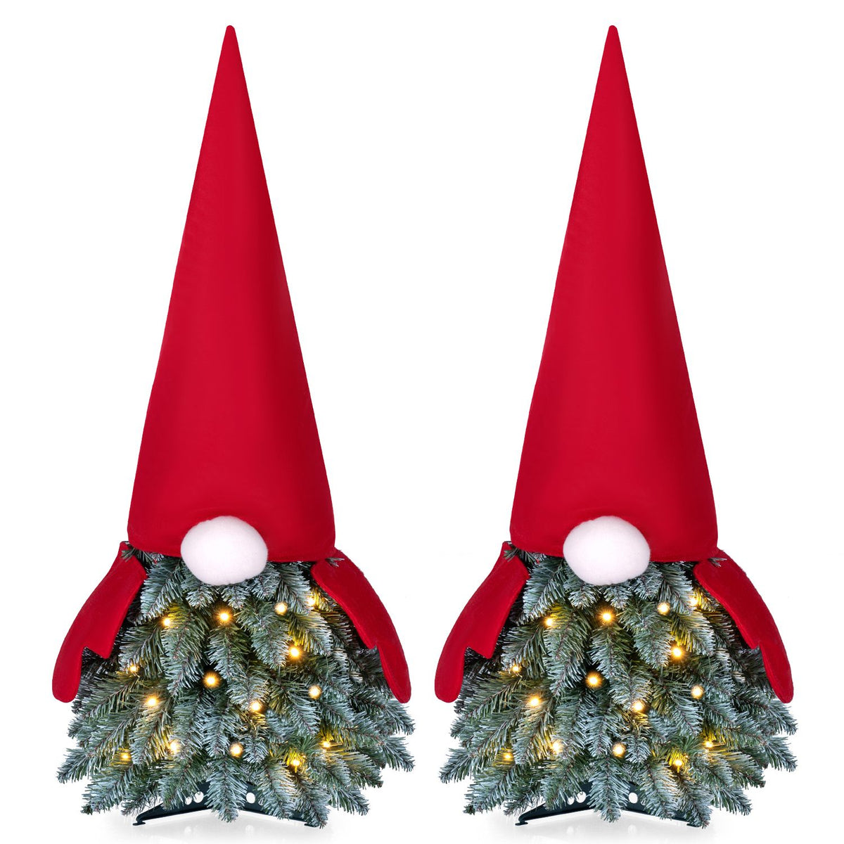 Two matching gnome-style miniature evergreen trees with red hats and warm lights against a white background.
