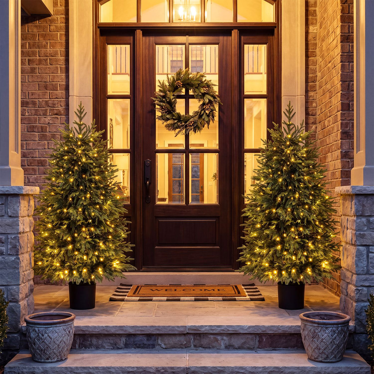 Two lit potted Christmas trees stand on either side of a dark front door.