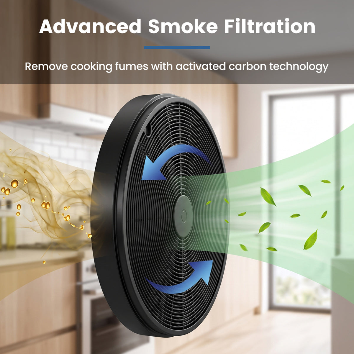 A round black filter is shown vertically with illustrated airflow passing through it.