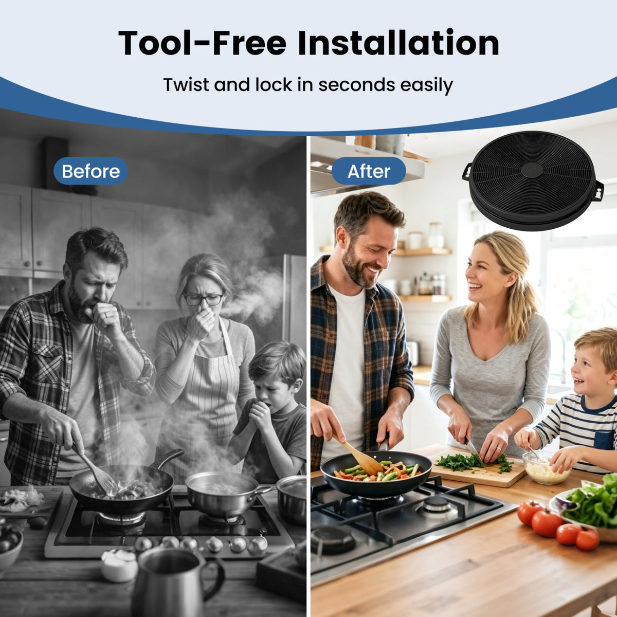 A smoky kitchen scene beside a family cooking in a bright kitchen, with a round filter pictured above.