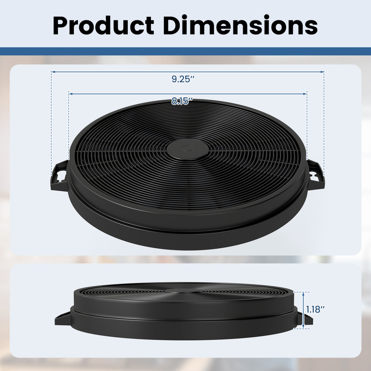The round black filter appears in top and side views with measurement arrows.