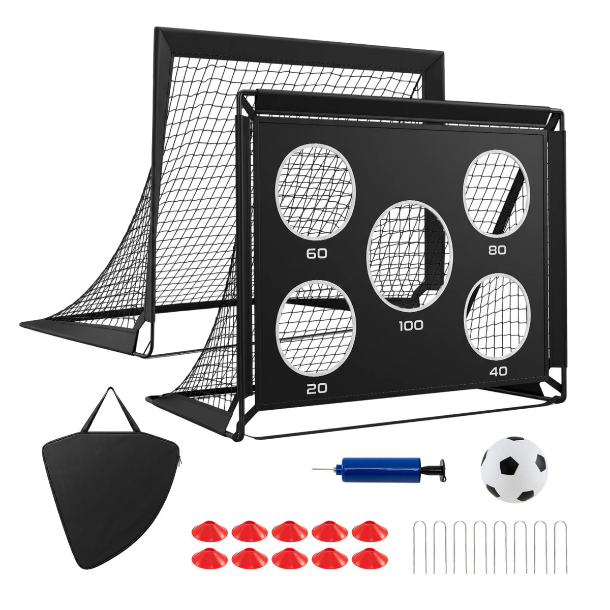 Two black soccer goals with target cloth, ball, pump, cones and stakes