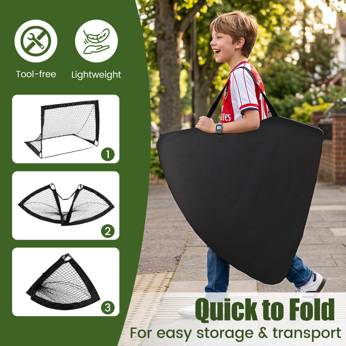 Folded black soccer goal carried in a bag beside folding steps