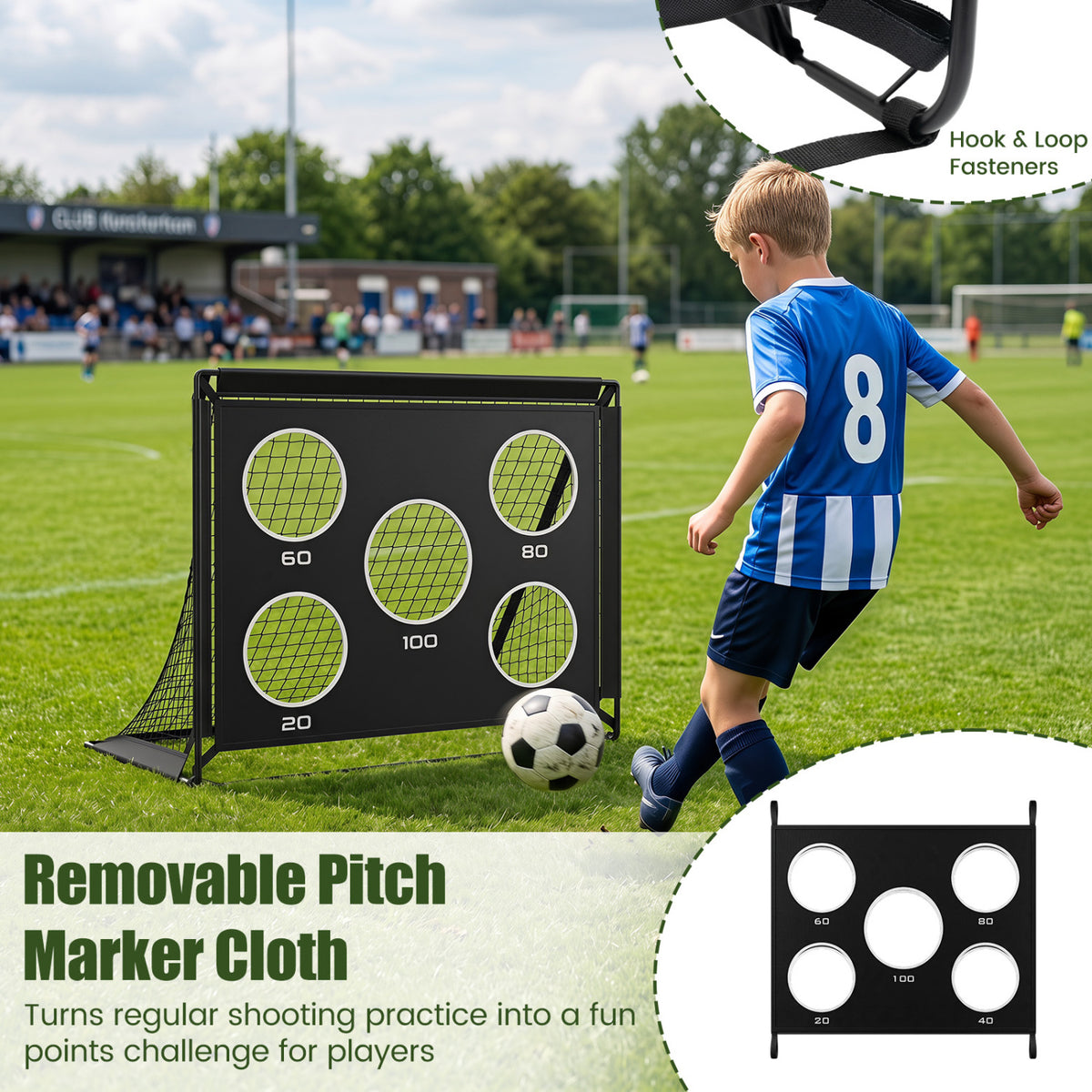 A child kicks a soccer ball toward a portable goal fitted with a black target cloth with circular openings.