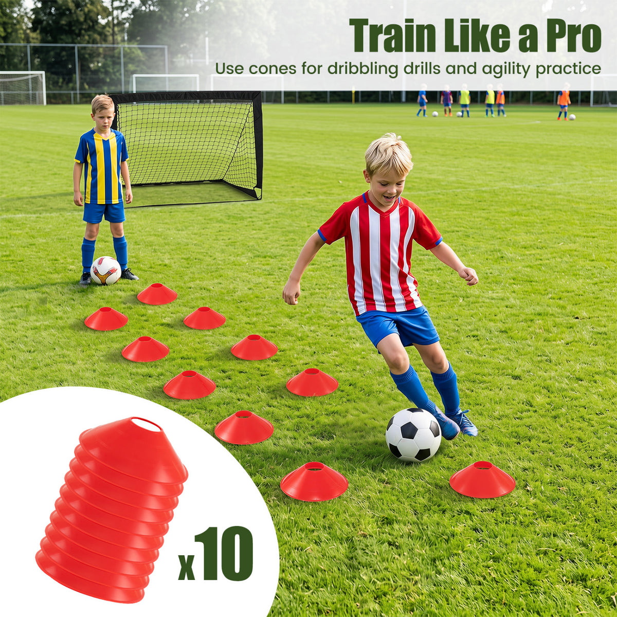 Two children practice on a grassy field, dribbling around red cones with a portable goal in the background.