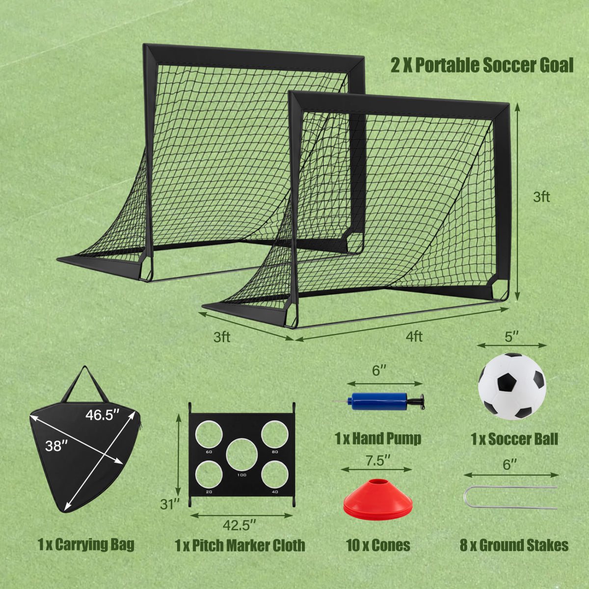 Two black soccer goals with measurements and included accessories shown