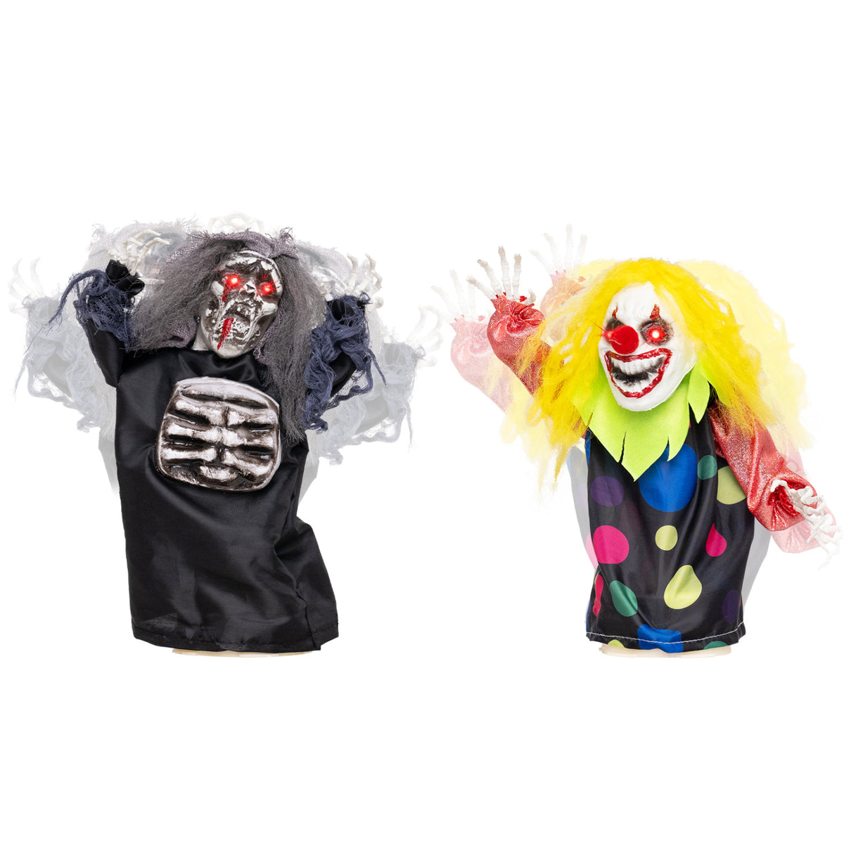The skeletal reaper and colorful clown decorations shown against a plain white background.