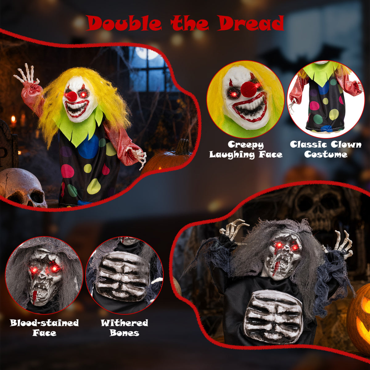 A waving yellow-haired clown and a skeletal reaper are shown with close-ups of their faces and costumes.