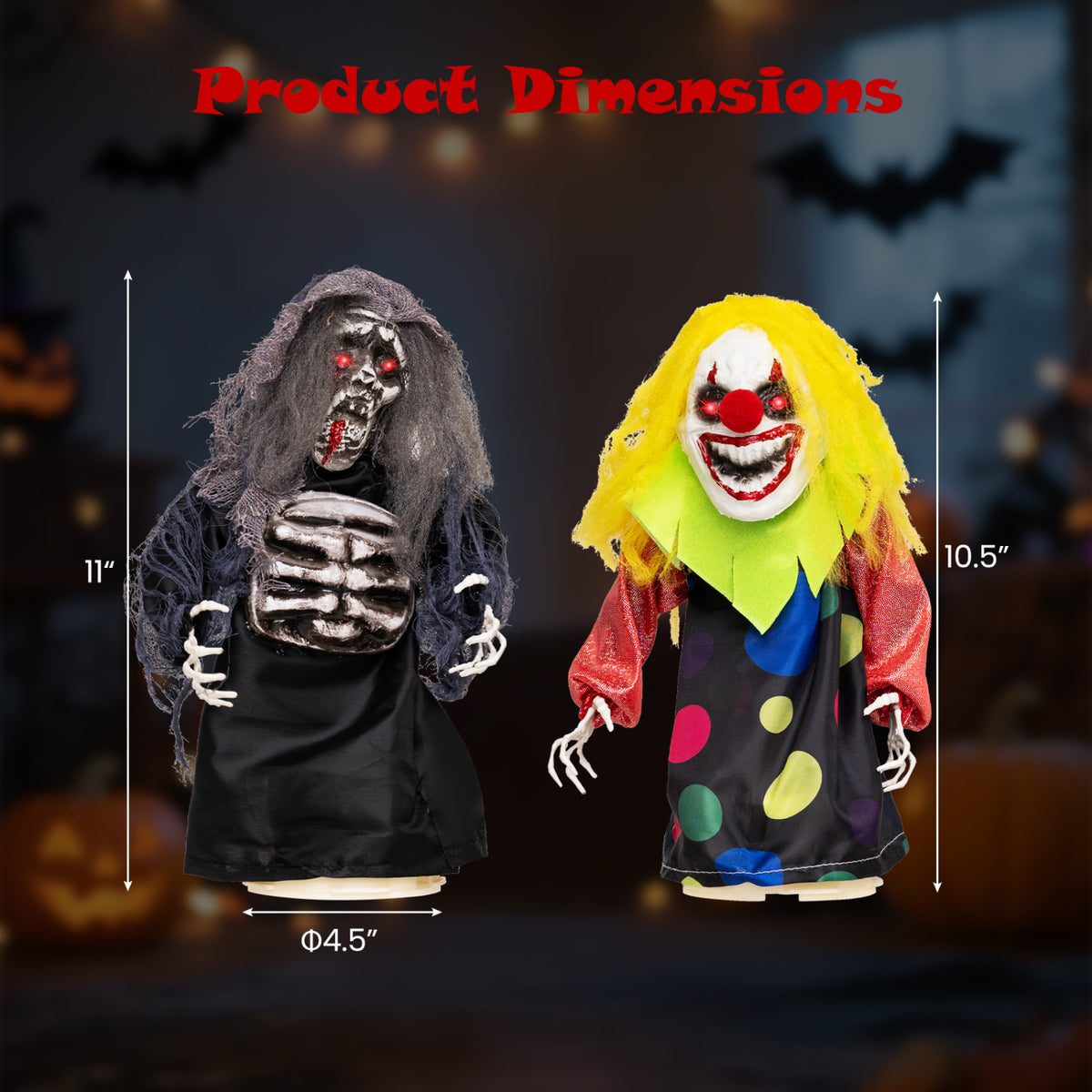 The reaper and clown are shown with arrows indicating their height and the reaper's base width.