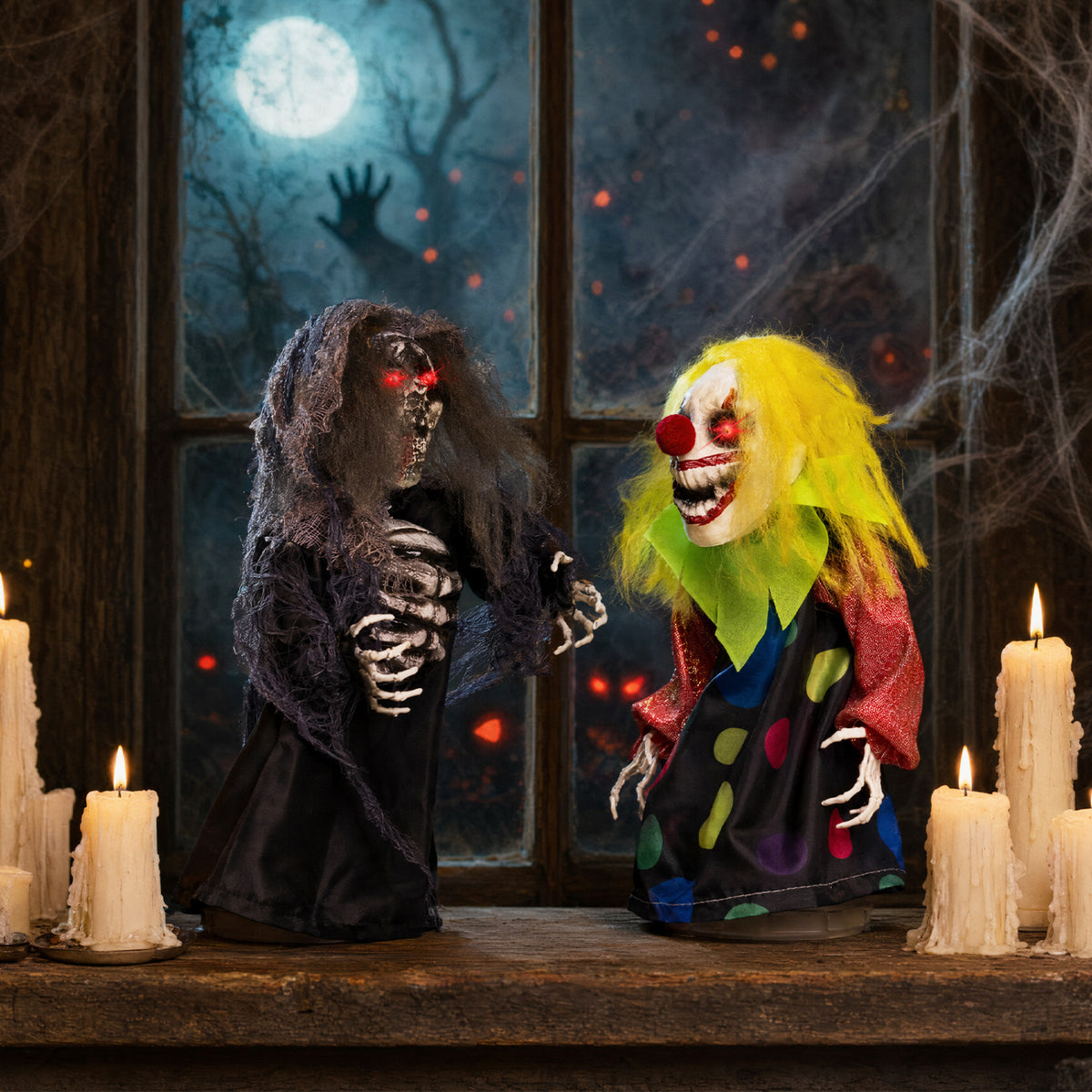 A skeletal reaper and a grinning, yellow-haired clown stand on a table among candles.