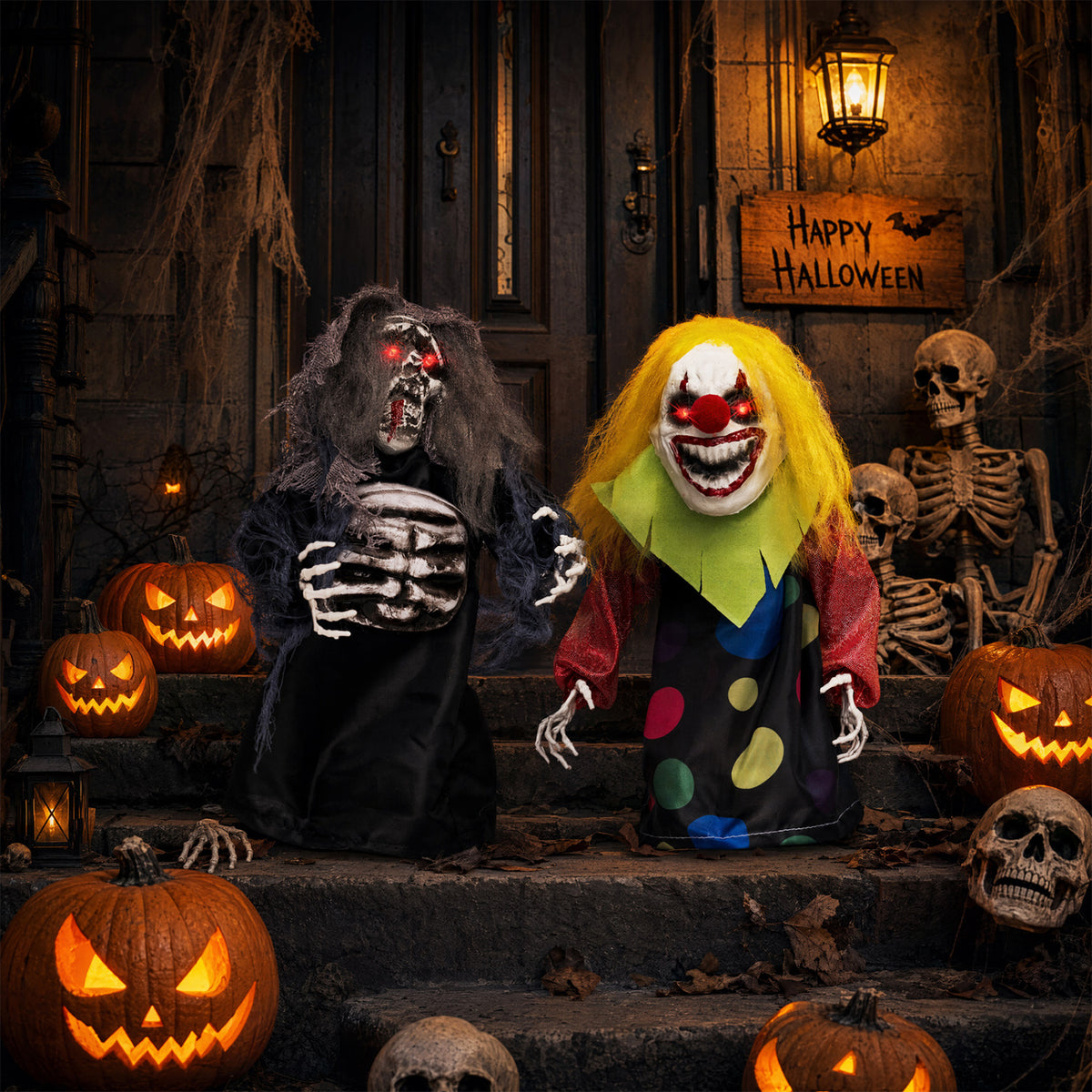 A skeletal reaper and grinning yellow-haired clown stand among glowing pumpkins and skeletons.