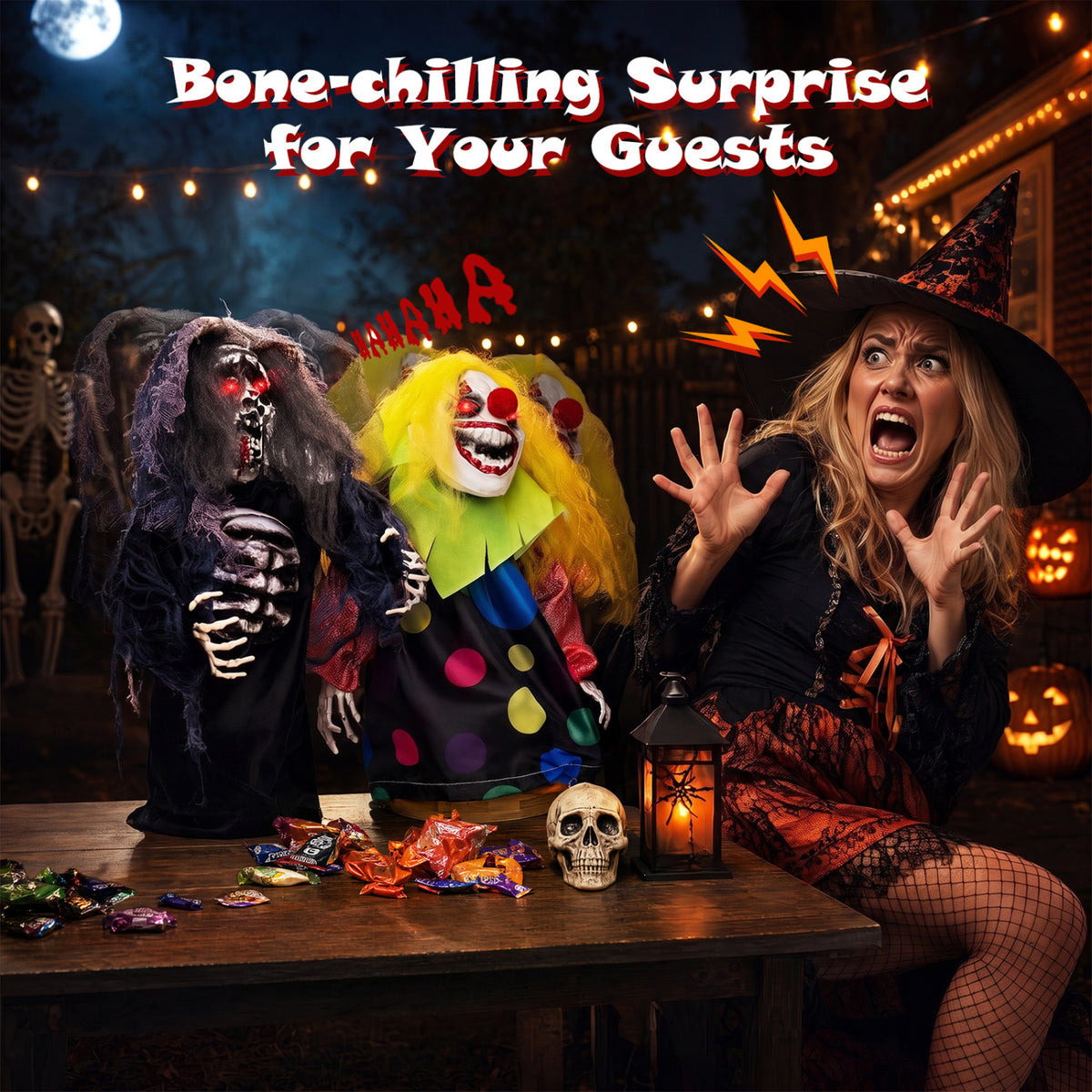 A startled woman reacts beside the clown and reaper decorations displayed on a table with Halloween treats.