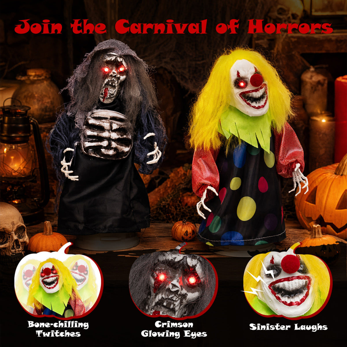 The clown and reaper stand among pumpkins, with circular close-ups of their faces and glowing eyes below.