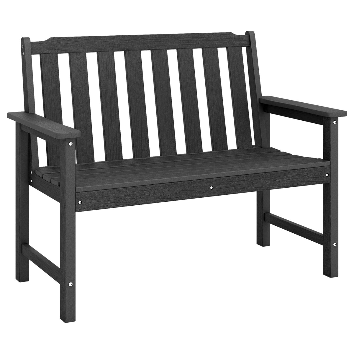 Black slatted bench with a tall backrest and broad armrests, shown against a white background.