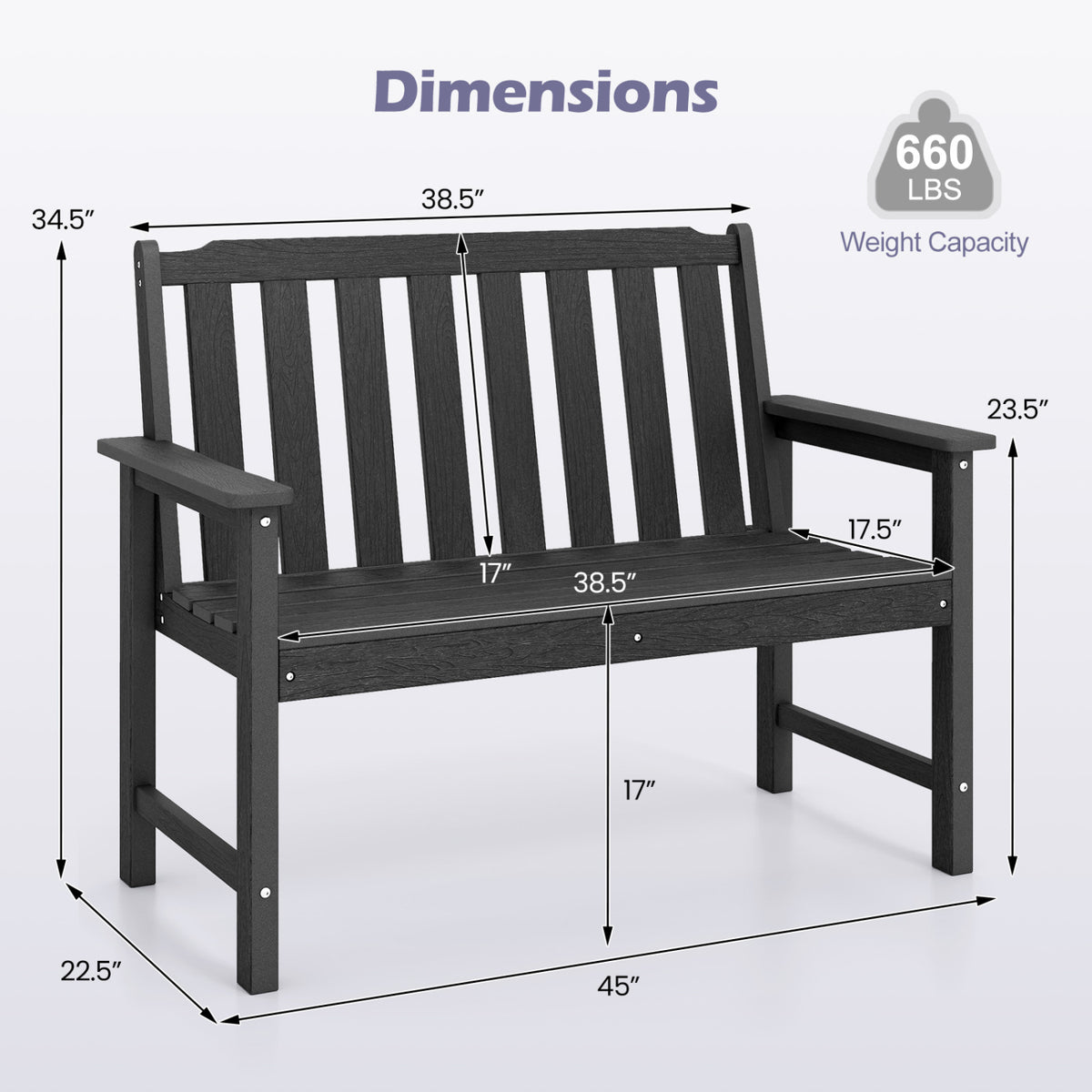Black garden bench shown with measurement arrows and a weight-capacity badge.